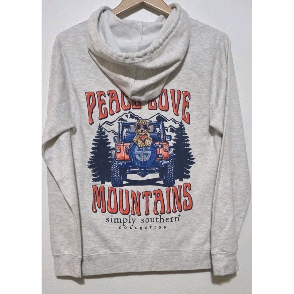 Simply Southern Hoodie Sz S Graphic Back Peace Love Mountains Dog Pullover Gray